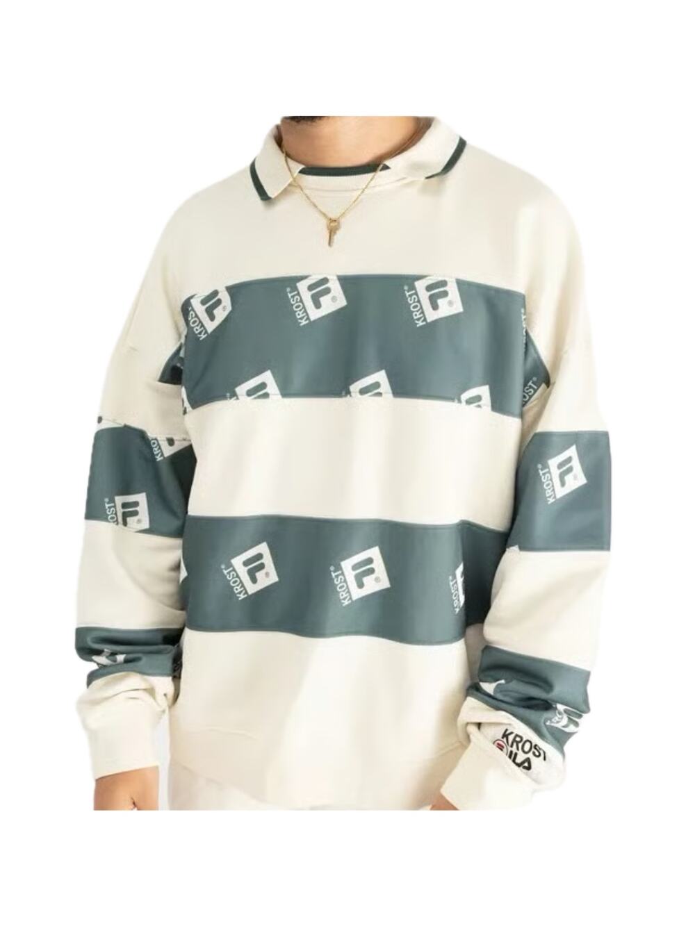 Krost x FILA Striped Collared Pullover Sweatshirt Cream Sage Green Size XS